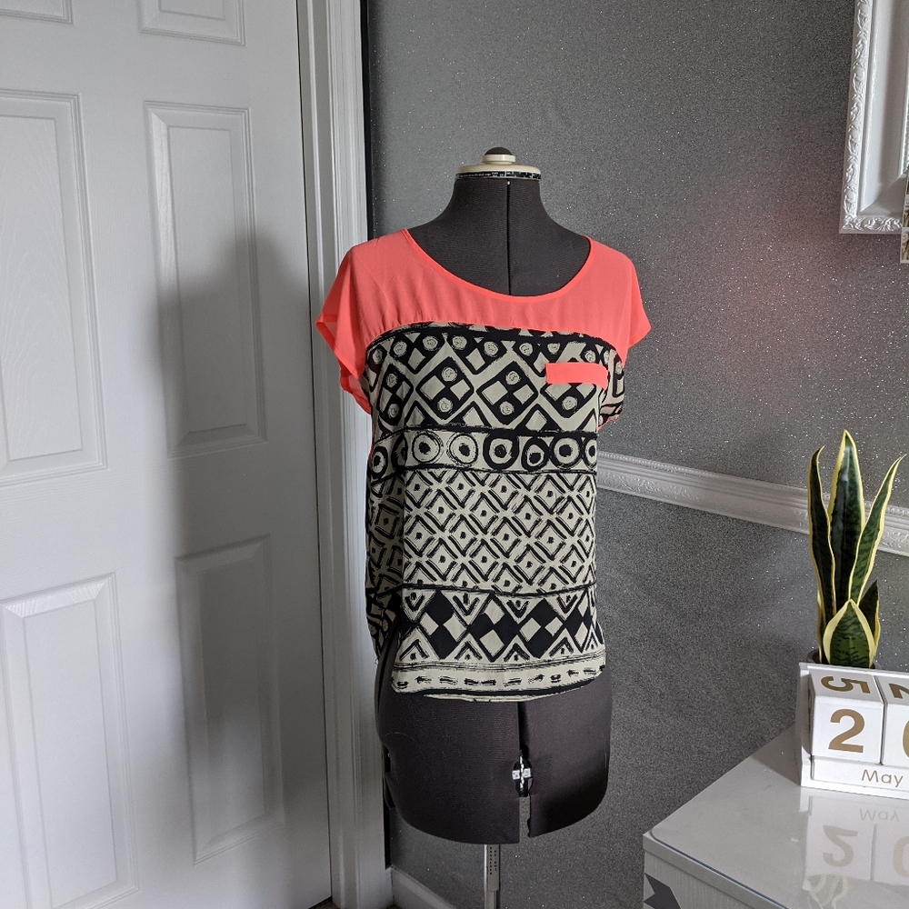 Orange print short sleeve blouse